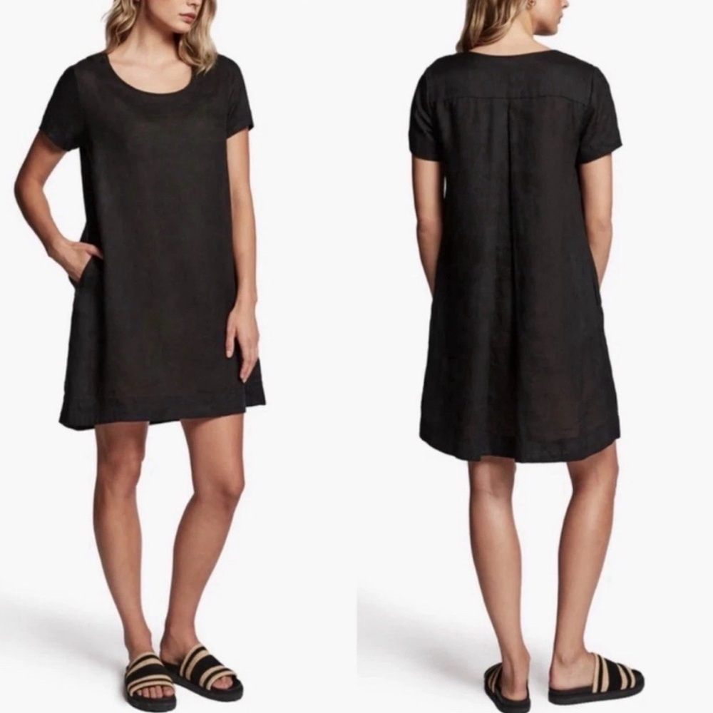 James Perse Linen Short Sleeve Tunic Caftan Dress Sz 1 Black Minimalist‎ Coastal
